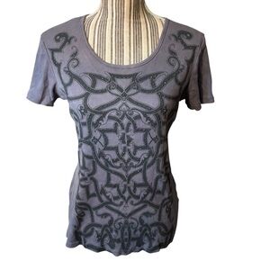 Skinny Minnie Top Large Charcoal Patterned Short-Sleeve Ribbed 100% Cotton Beads